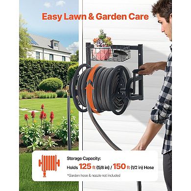 Wall-Mount Garden Hose Reel with Rust-Resistant Steel and Mesh Tool Storage - Black