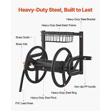 Wall-Mount Garden Hose Reel with Rust-Resistant Steel and Mesh Tool Storage - Black