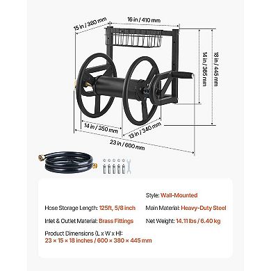 Wall-Mount Garden Hose Reel with Rust-Resistant Steel and Mesh Tool Storage - Black