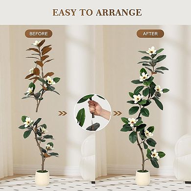 Rubber Tree 6 ft Artificial Tree in White Planter Pot, Faux Plants Indoor Faux Floor Plant