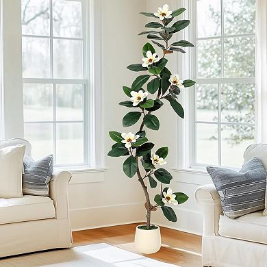 Rubber Tree 6 ft Artificial Tree in White Planter Pot, Faux Plants Indoor Faux Floor Plant