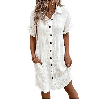 Women Casual Tunic Short Sleeve Button Down Shirt Dresses Midi Dress with Pockets