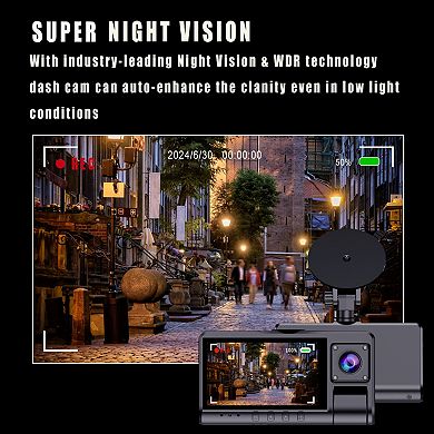 1080P Dash Cam with Loop Recording, G-Sensor, 3 Lenses, Night Vision