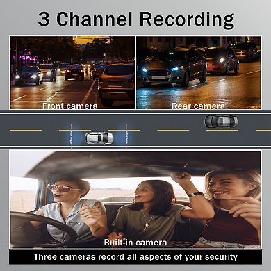 1080P Dash Cam with Loop Recording, G-Sensor, 3 Lenses, Night Vision