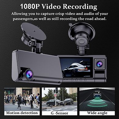 1080P Dash Cam with Loop Recording, G-Sensor, 3 Lenses, Night Vision
