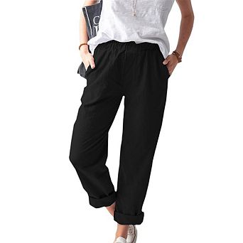 Women's Summer Straight Capris Pants Loose Elastic Waist Casual Trousers Pants with Pockets