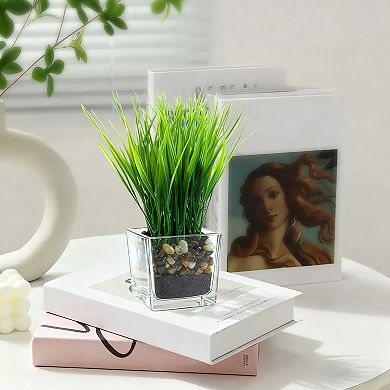 3-Pack 8.7IN Artificial Grass in Glass Planters, Green