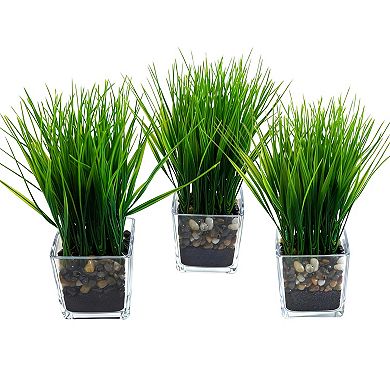 3-Pack 8.7IN Artificial Grass in Glass Planters, Green