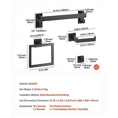 Wall-Mount Bathroom Accessories Set Matte Black with Towel Bar and Hooks