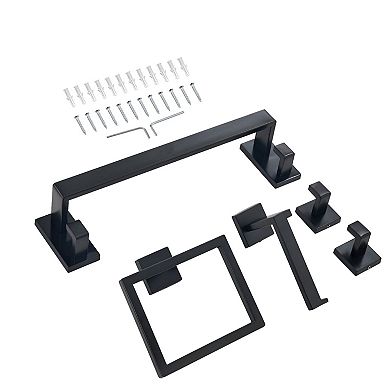 Wall-Mount Bathroom Accessories Set Matte Black with Towel Bar and Hooks