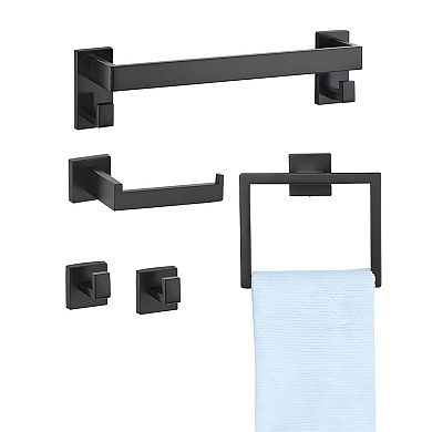 Wall-Mount Bathroom Accessories Set Matte Black with Towel Bar and Hooks