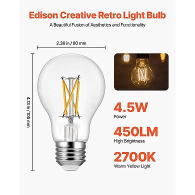 6-Pack Edison Bulbs 4.5W 2700K Warm Light E26 Base - White