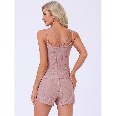 Women's Pointelle Pajama Sleepwear Solid Camisole Tops with Shorts Double Strap Loungewear Sets