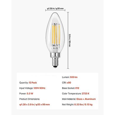 12-Pack LED Candle Bulbs Dimmable Warm White Clear Glass for Chandeliers