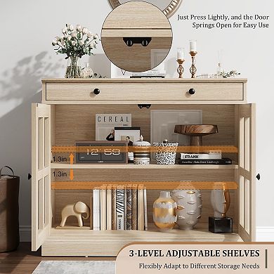 Modern Buffet Sideboard with 2 Glass Doors, Buffet Cabinet with Adjustable Shelf & Large Drawer