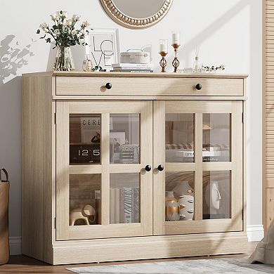 Modern Buffet Sideboard with 2 Glass Doors, Buffet Cabinet with Adjustable Shelf & Large Drawer
