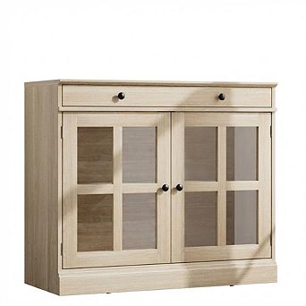 Modern Buffet Sideboard with 2 Glass Doors, Buffet Cabinet with Adjustable Shelf & Large Drawer