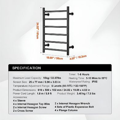 Electric Heated Towel Rack for Bathroom with Timer and Temperature Control - Black