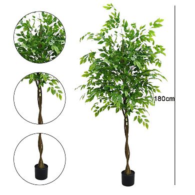 6FT Artificial Ficus Tree with Realistic Trunk, Silk Potted Plant, Green