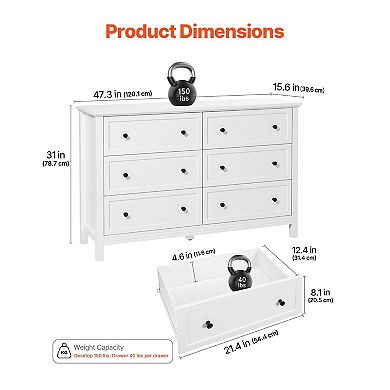 Multi-Use Six-Drawer Dresser for Bedroom, Living Room, or Entryway - White