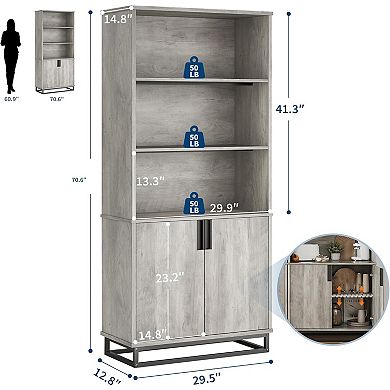 Bookshelf, Tall Bookcase with Doors, Wooden Bookcase with Adjustable Shelves and Storage Cabinet