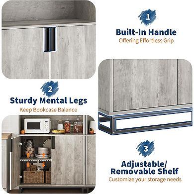 Bookshelf, Tall Bookcase with Doors, Wooden Bookcase with Adjustable Shelves and Storage Cabinet