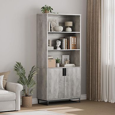 Bookshelf, Tall Bookcase with Doors, Wooden Bookcase with Adjustable Shelves and Storage Cabinet