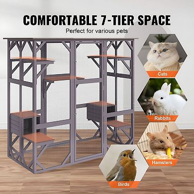 7-Tier Indoor or Outdoor Cat House with Fir Wood Frame and Galvanized Mesh - Grey