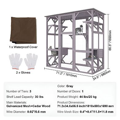 7-Tier Indoor or Outdoor Cat House with Fir Wood Frame and Galvanized Mesh - Grey