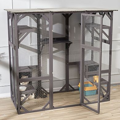7-Tier Indoor or Outdoor Cat House with Fir Wood Frame and Galvanized Mesh - Grey