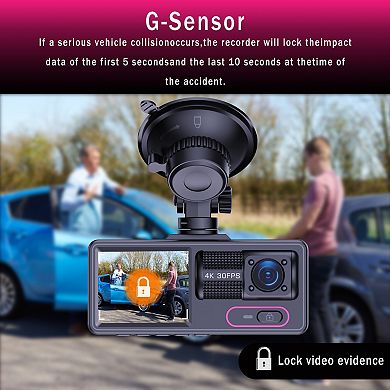 1080P Dash Cam with Loop Recording, 3 Lenses, Parking Monitor, Night Vision