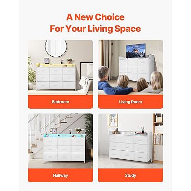 Multi-Functional Dresser with Drawers, USB Outlets, and LED Lighting - White