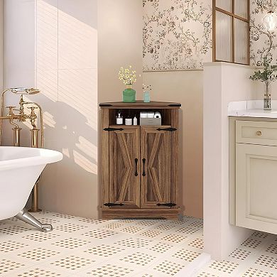 Corner Bathroom Cabinet, Farmhouse Small Corner Cabinet with Barn Door & Adjustable Shelf