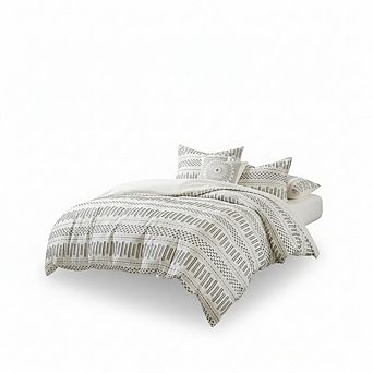 King/Cal King Cotton Duvet Set, Mid Century Boho Geometric Jacquard in Ivory