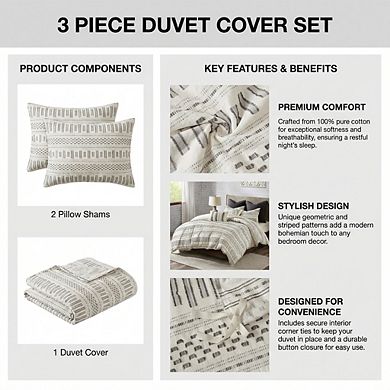 King/Cal King Cotton Duvet Set, Mid Century Boho Geometric Jacquard in Ivory