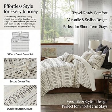 King/Cal King Cotton Duvet Set, Mid Century Boho Geometric Jacquard in Ivory