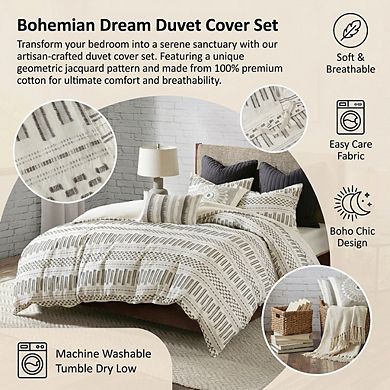 King/Cal King Cotton Duvet Set, Mid Century Boho Geometric Jacquard in Ivory