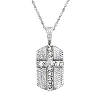 Argento Forte Sterling Silver Cubic Zirconia Dogtag Cross Pendant Necklace