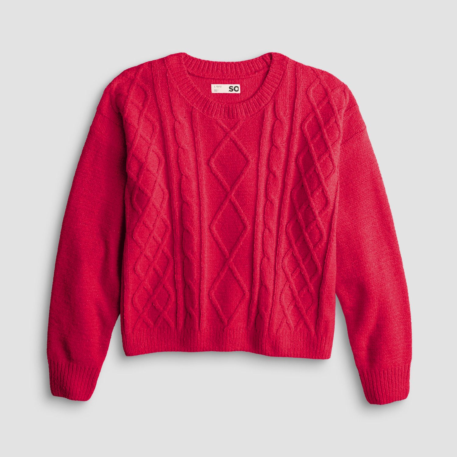 Свитер SO® Cable Stitch Crewneck для девочек, цвет: Красный — фото 1
