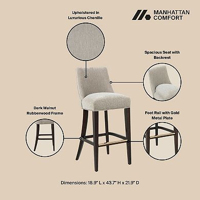 MANHATTAN COMFORT Beever Chenille Upholstered Wood Barstool with Backrest