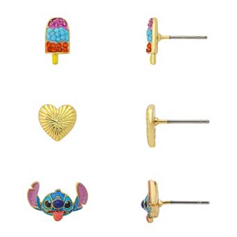 Disney's Lilo & Stitch 14k Gold Flash Plated Heart, Crystal Popsicle & Enamel Stitch 3-Pair Earring Set