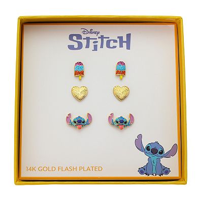 Disney's Lilo & Stitch 14k Gold Flash Plated Heart, Crystal Popsicle & Enamel Stitch 3-Pair Earring Set