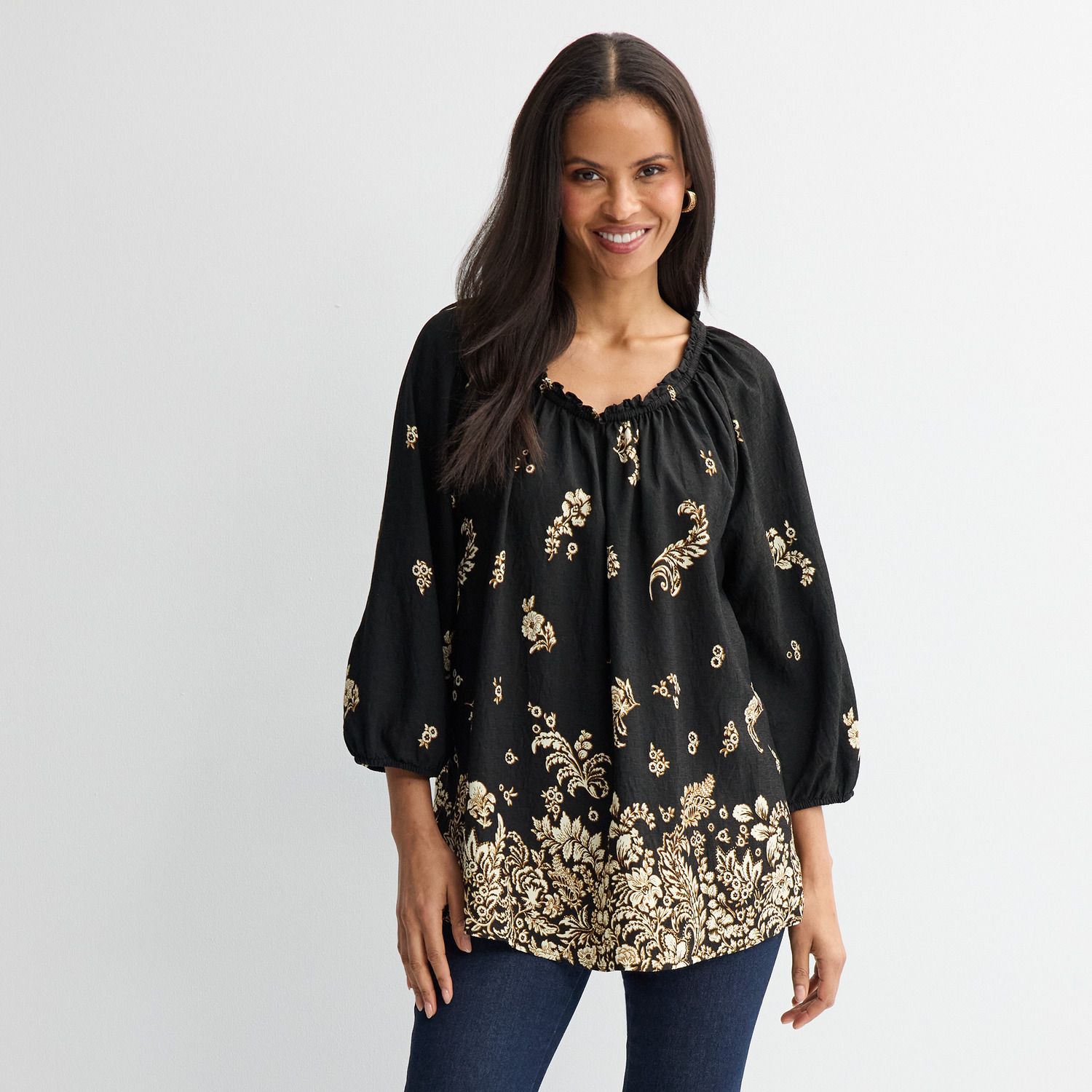 Женская блузка Croft & Barrow Ruffled Raglan, цвет: Чёрный с принтом