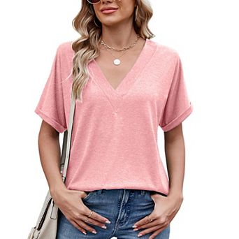 Women's V-Neck Loose Fit Short Sleeve Summer T-Shirt Casual Everyday Top Soft Blouse