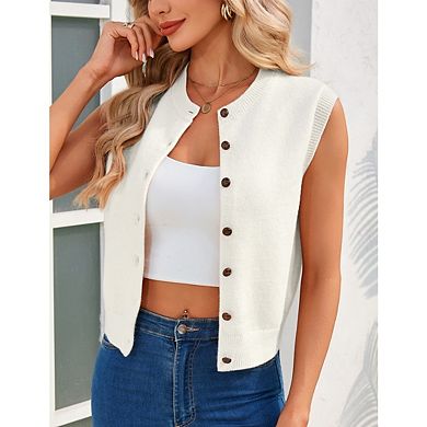 Women's Button Up Sweater Vest Crewneck Sleeveless Knit Sweater Tank Top