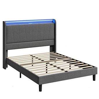 Upholstered Platform Bed Frame with LED Lights & Charging Station, Headboard,Sturdy Wooden Slats