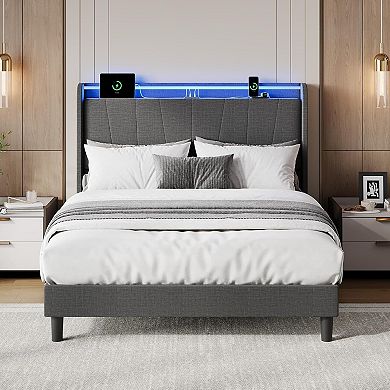 Upholstered Platform Bed Frame with LED Lights & Charging Station, Headboard,Sturdy Wooden Slats