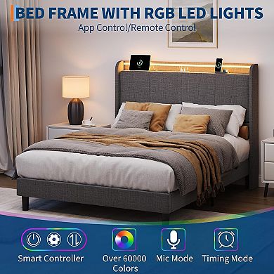 Upholstered Platform Bed Frame with LED Lights & Charging Station, Headboard,Sturdy Wooden Slats