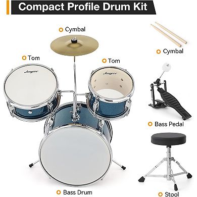 3-Piece Drum Set with Bass Drum, Tom, Cymbal, Sticks, Pedal & Stool, Beginner Percussion Kit