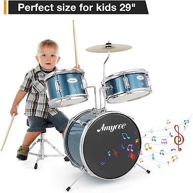 3-Piece Drum Set with Bass Drum, Tom, Cymbal, Sticks, Pedal & Stool, Beginner Percussion Kit